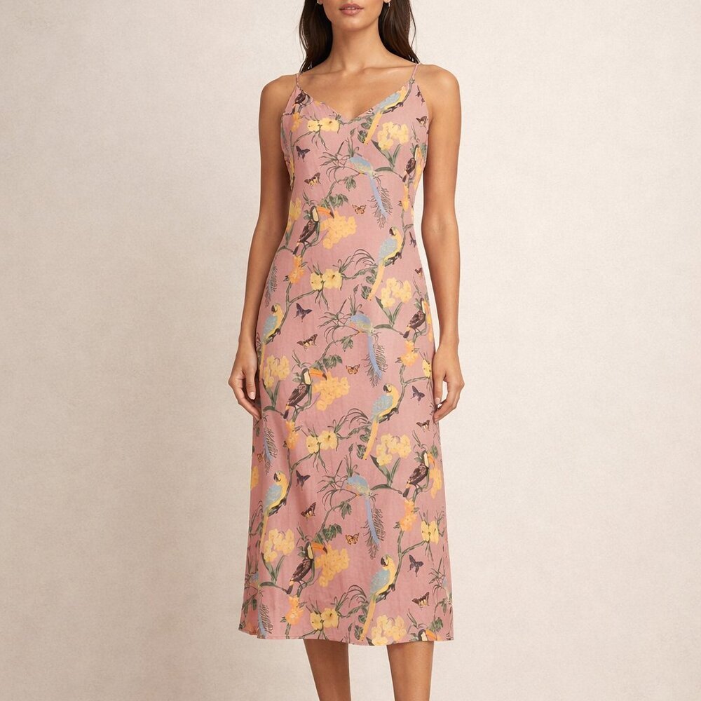 Reformation Pink Floral Bird Print Slip Dress Midi Small S Scoop Neck Cami